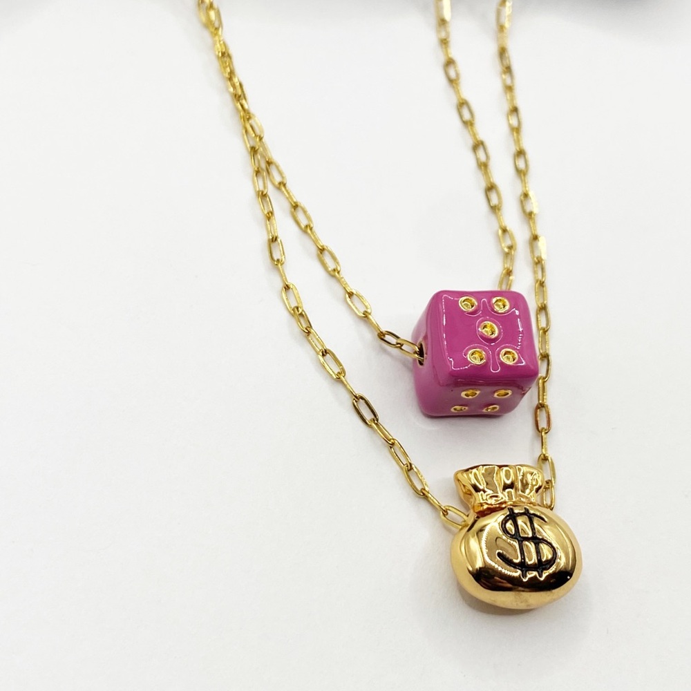 NEW Gold Money Bag & Pink Dice Layered Necklace - Picture 7 of 12